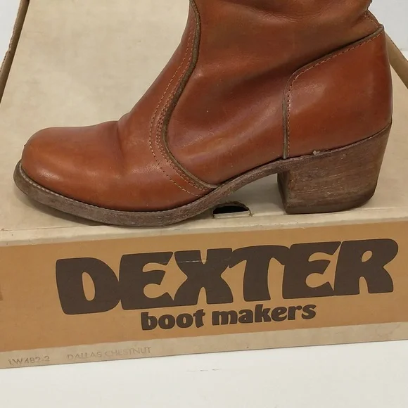 Vintage 70s Dexter Leather Boots 2.25 Chunky Leather Heels Dallas Chestnut sz7.5